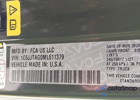 2021 Jeep Gladiator Sport S 4X4 z USA, uszkodzony, nr VIN 1C6JJTAG0ML611379